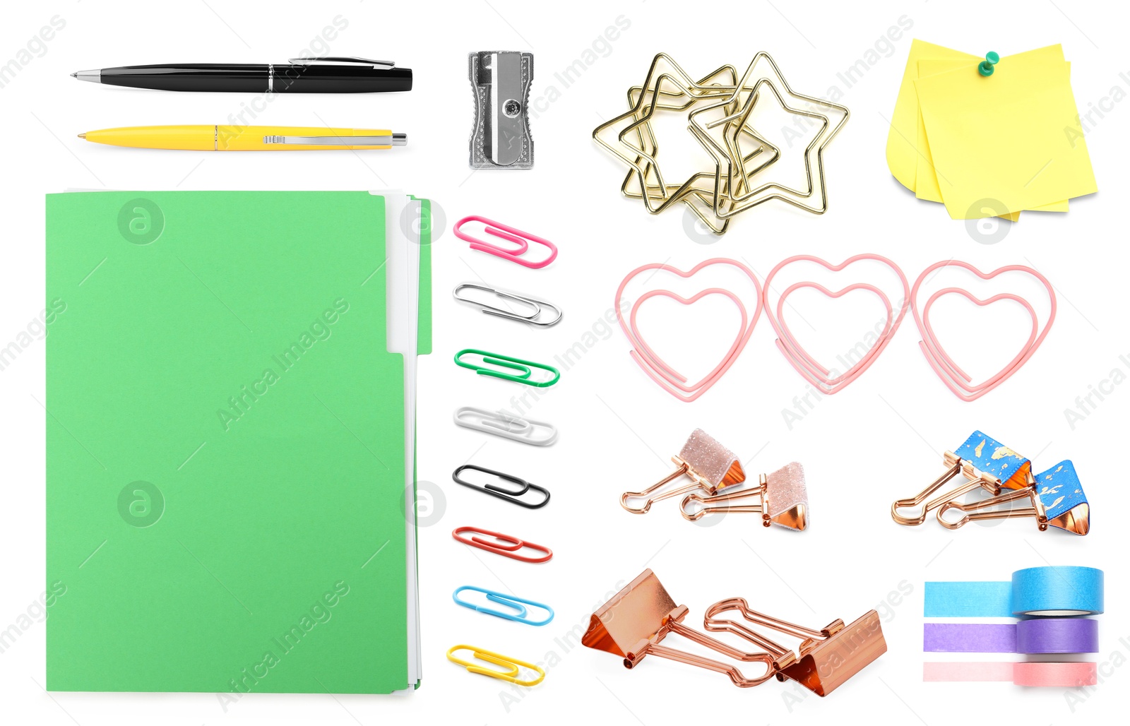 Image of Different paper clips and other stationery isolated on white, set