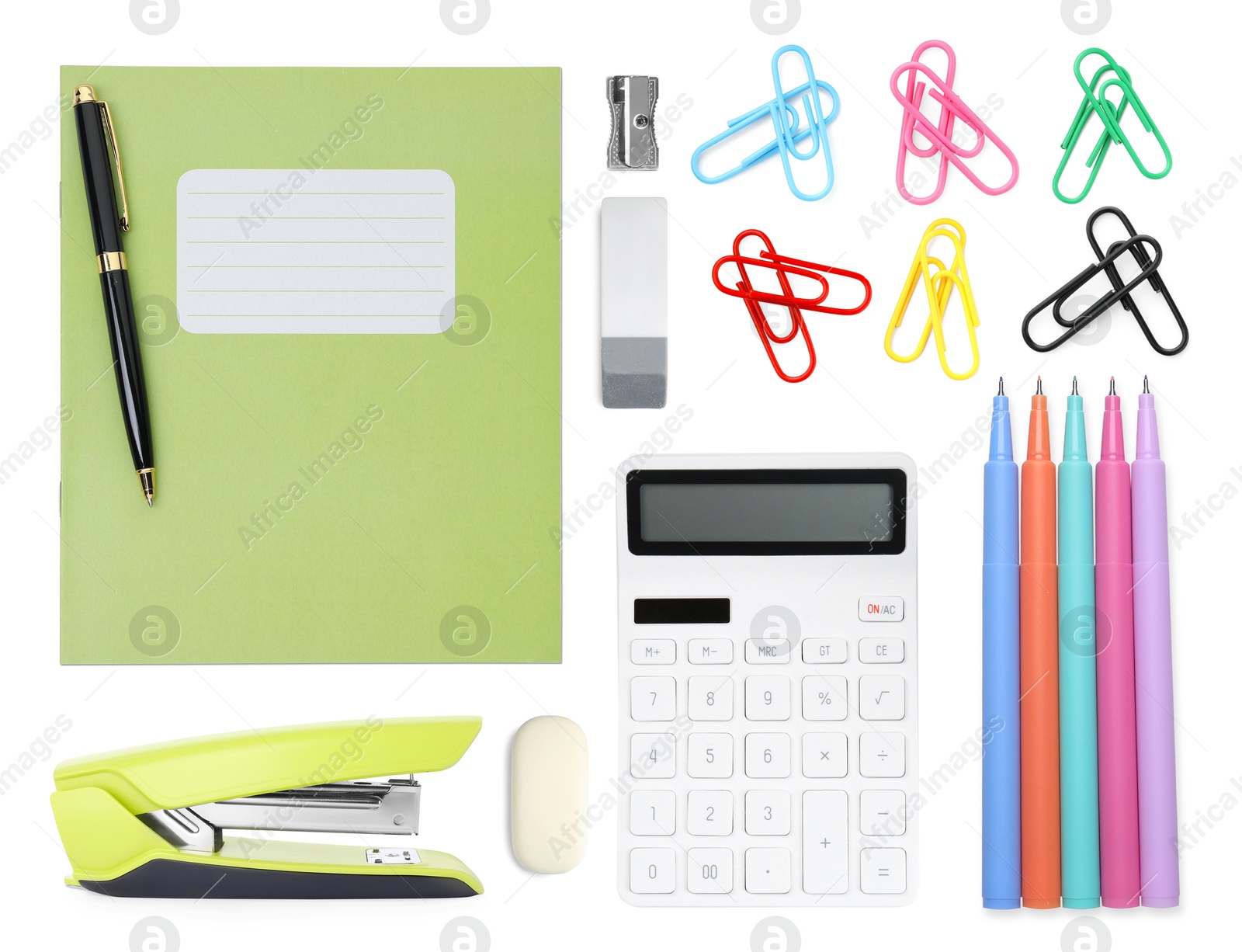 Image of Paper clips in different colors ' and other stationery isolated on white, set