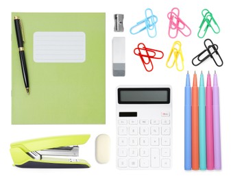 Image of Paper clips in different colors ' and other stationery isolated on white, set