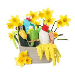 Image of Spring cleaning. Basket with detergents, supplies and daffodils on white background