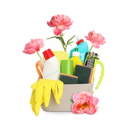 Image of Spring cleaning. Basket with detergents, supplies and peonies on white background