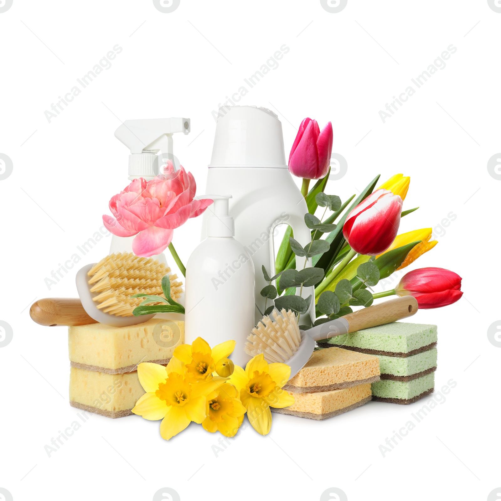 Image of Spring cleaning. Detergents, supplies and flowers on white background