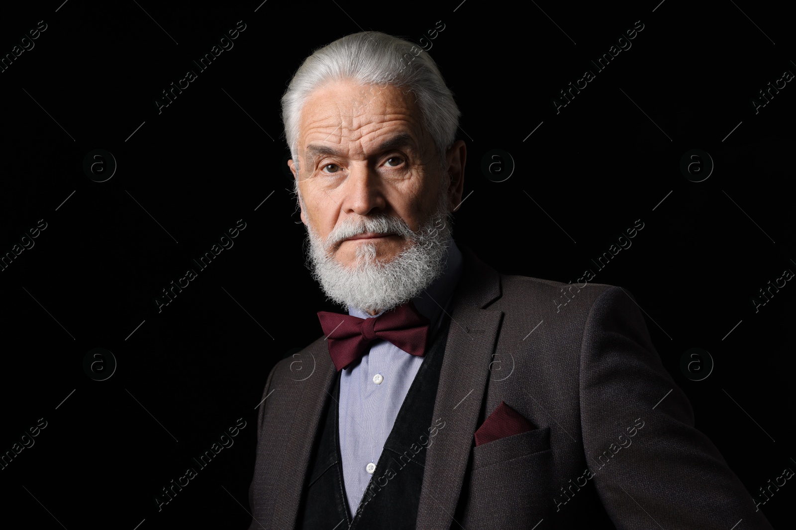 Photo of Portrait of serious senior man with silver beard on black background