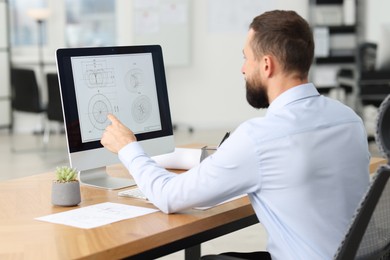 Photo of Technician making digital engineering drawing on computer at desk in office, back view