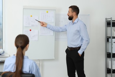 Photo of Man making presentation with engineering drawings to his colleagues in office