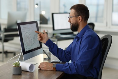 Photo of Technician making digital engineering drawing on computer at desk in office