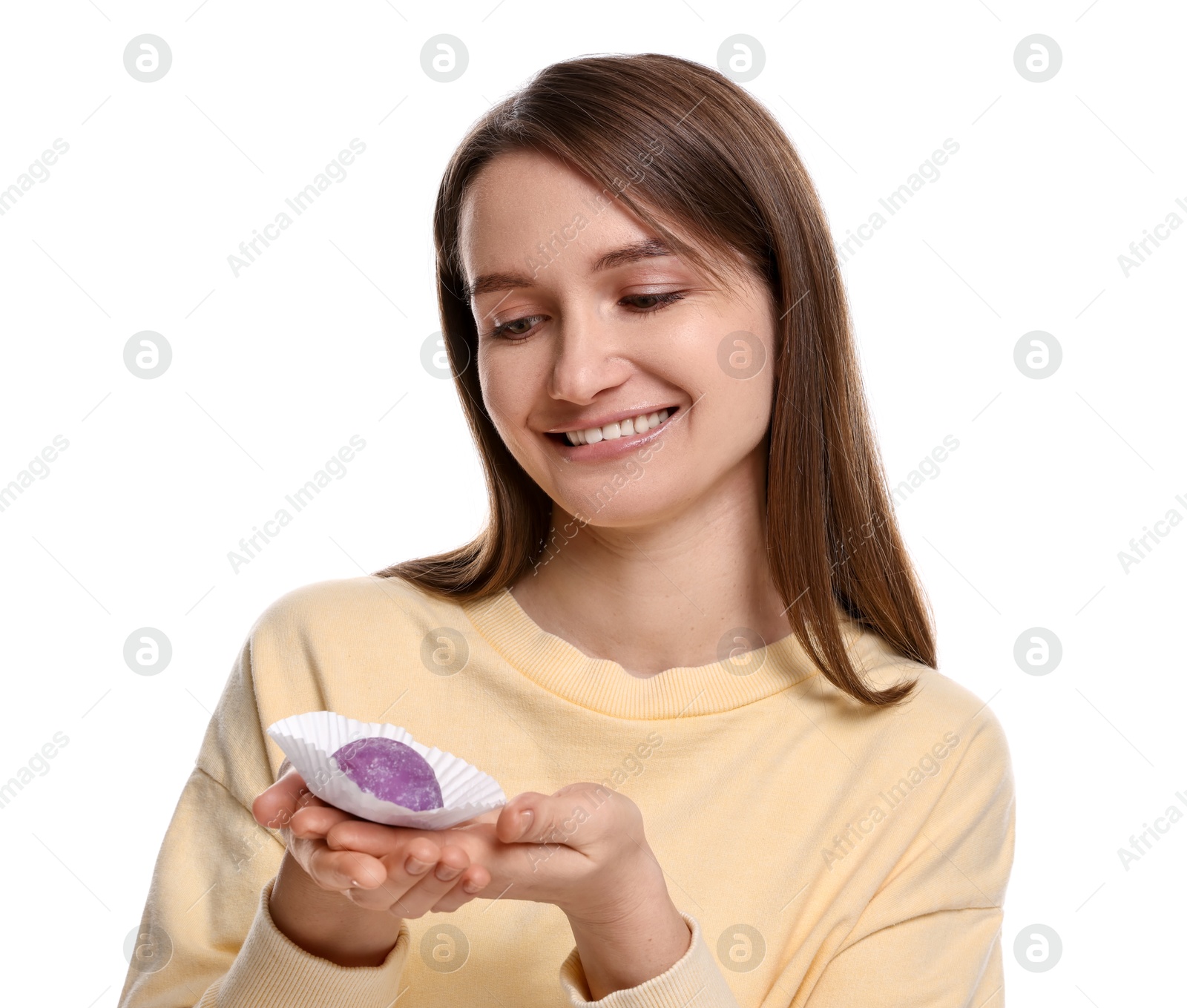 Photo of Woman with tasty mochi on white background