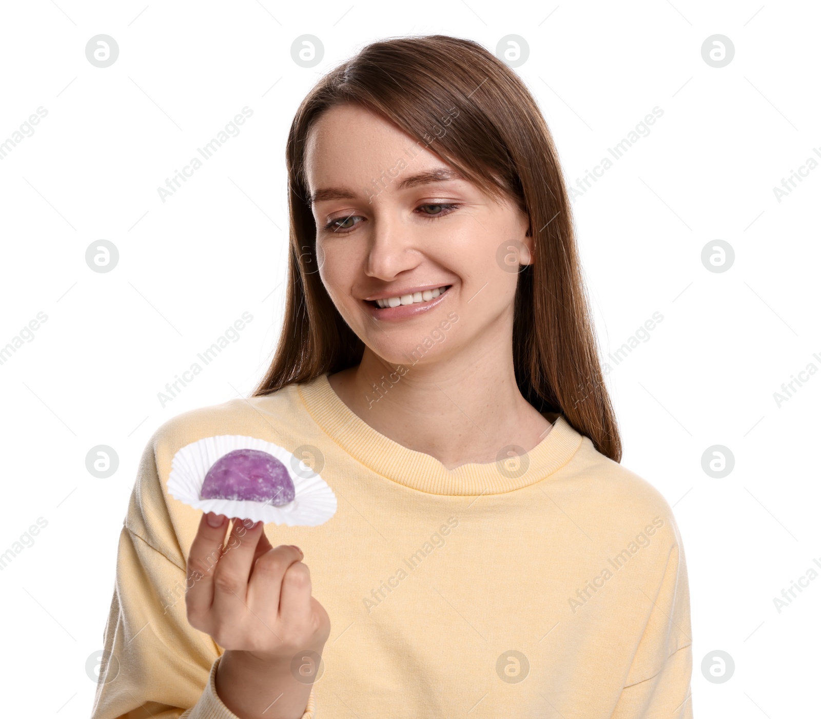 Photo of Woman with tasty mochi on white background