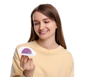 Photo of Woman with tasty mochi on white background