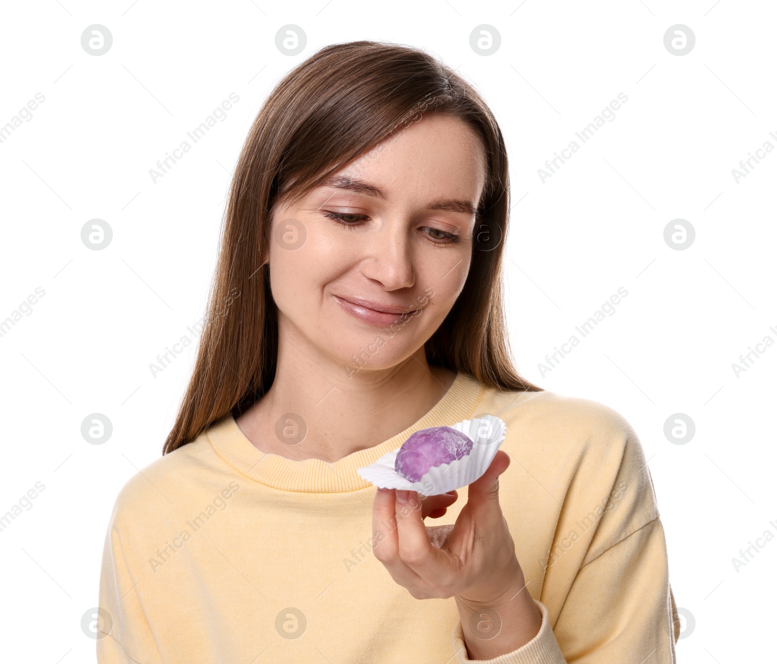 Photo of Woman with tasty mochi on white background