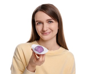 Photo of Woman with tasty mochi on white background