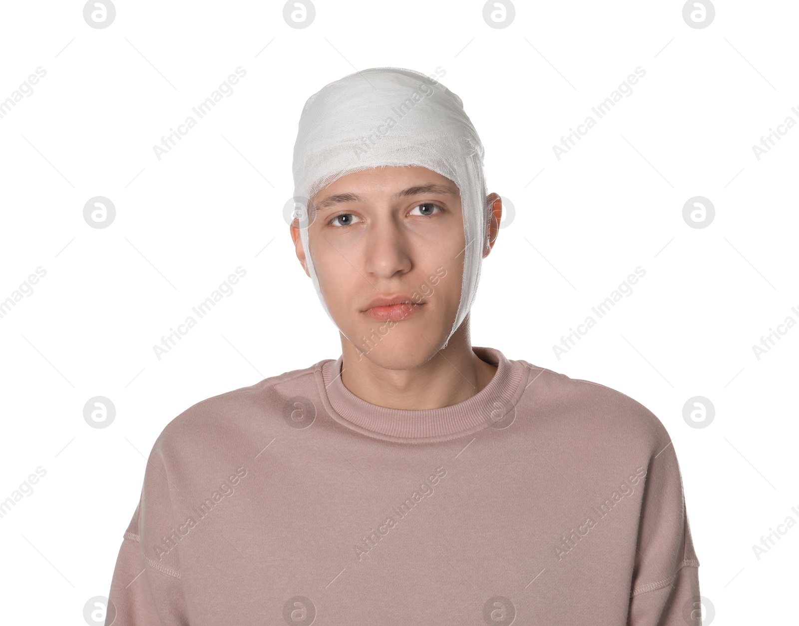 Photo of Man with head wrapped in medical bandage on white background