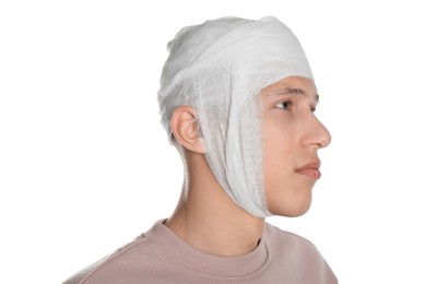 Photo of Man with head wrapped in medical bandage on white background