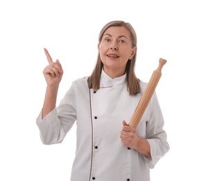 Photo of Chef with rolling pin pointing at something on white background