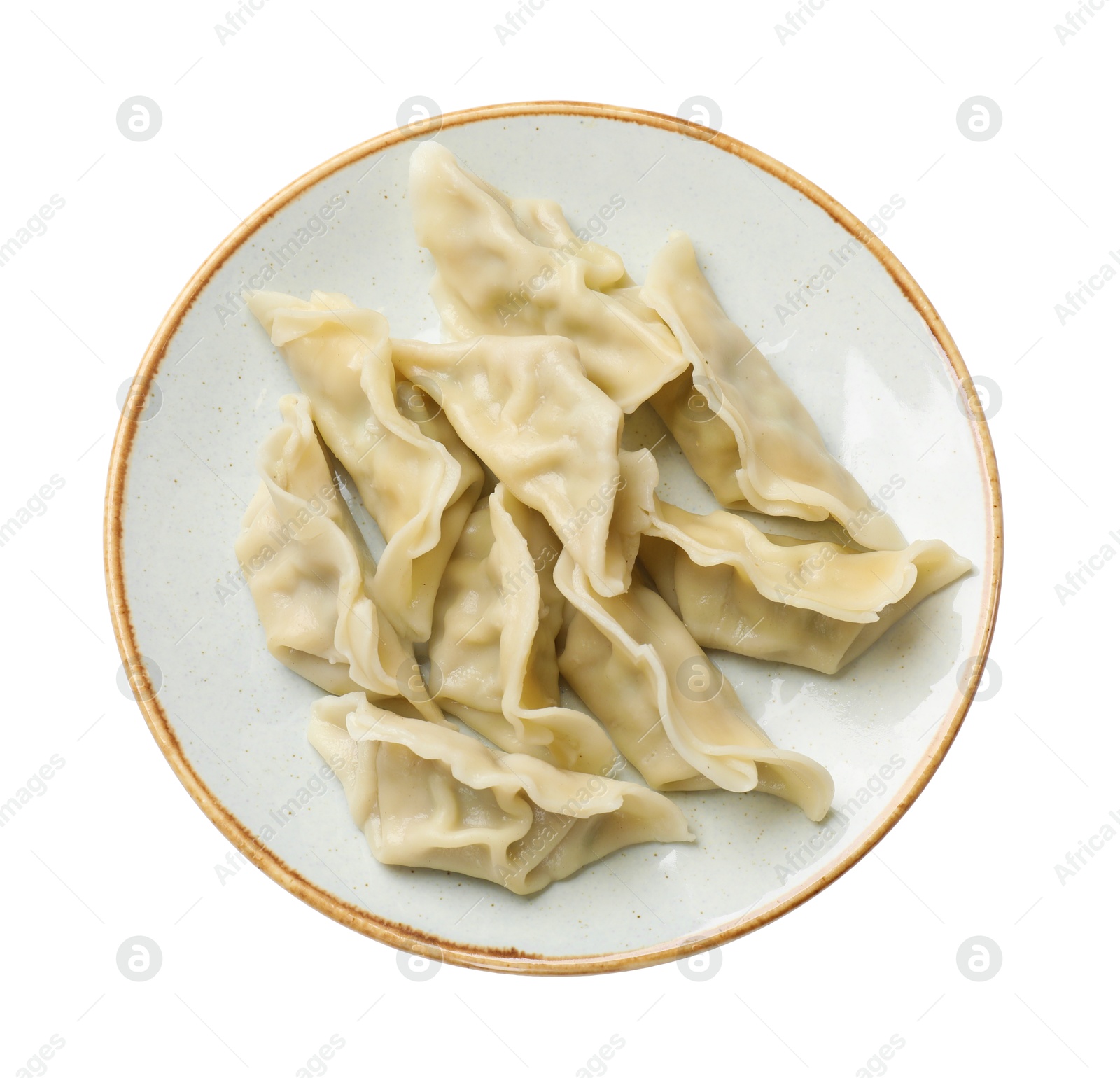 Photo of Fresh gyoza dumplings isolated on white, top view