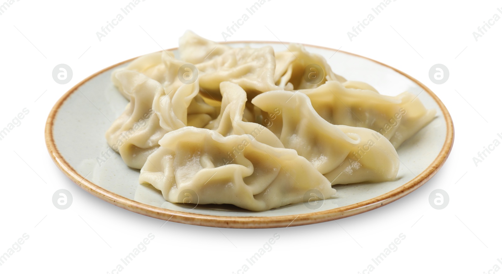 Photo of Fresh gyoza dumplings isolated on white. Chinese cuisine