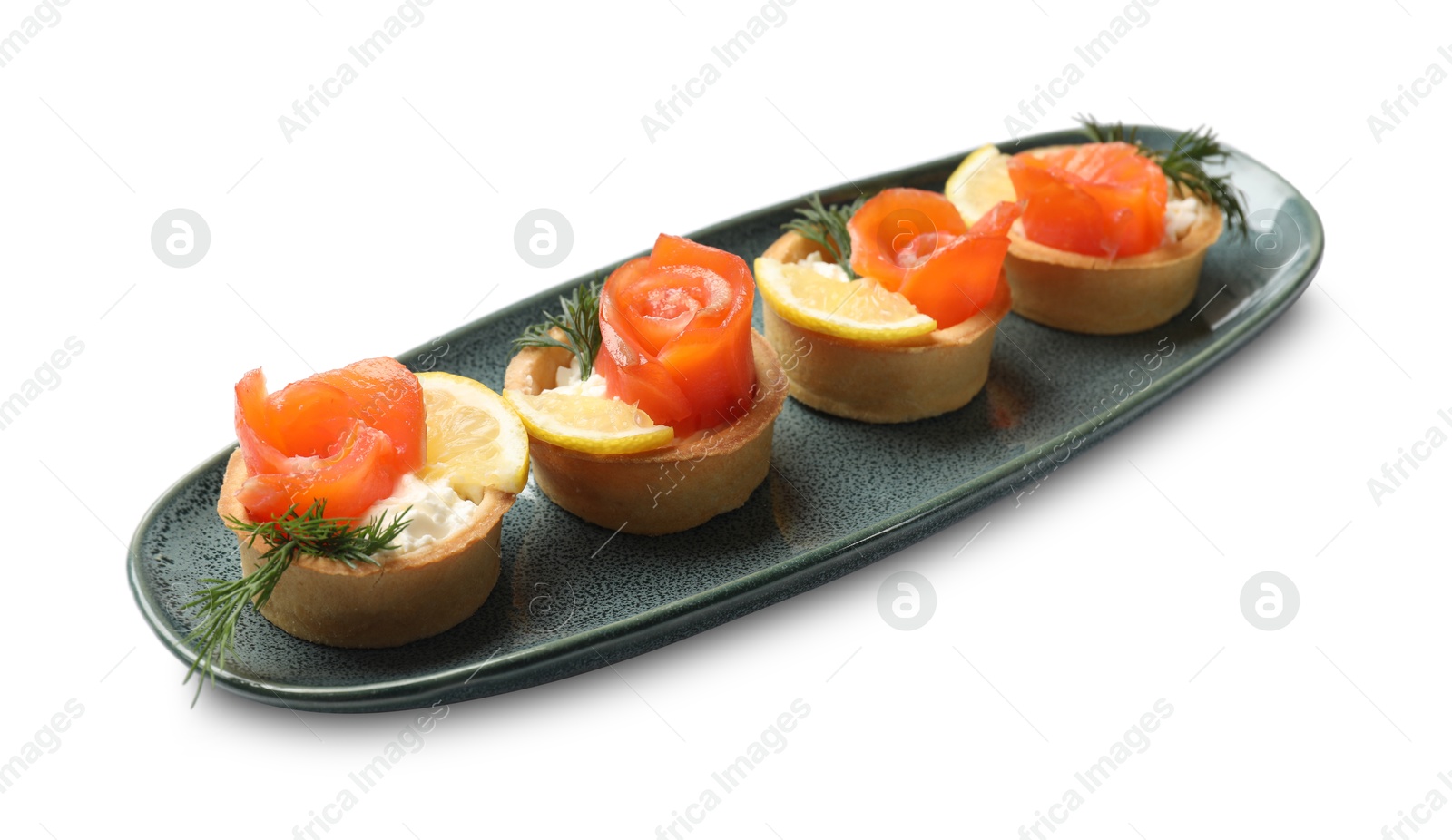 Photo of Tasty tartlets with delicious filling isolated on white