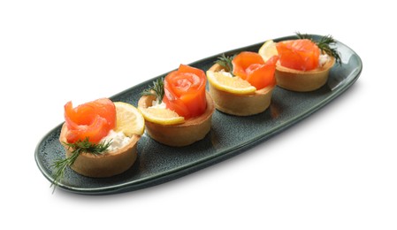 Photo of Tasty tartlets with delicious filling isolated on white