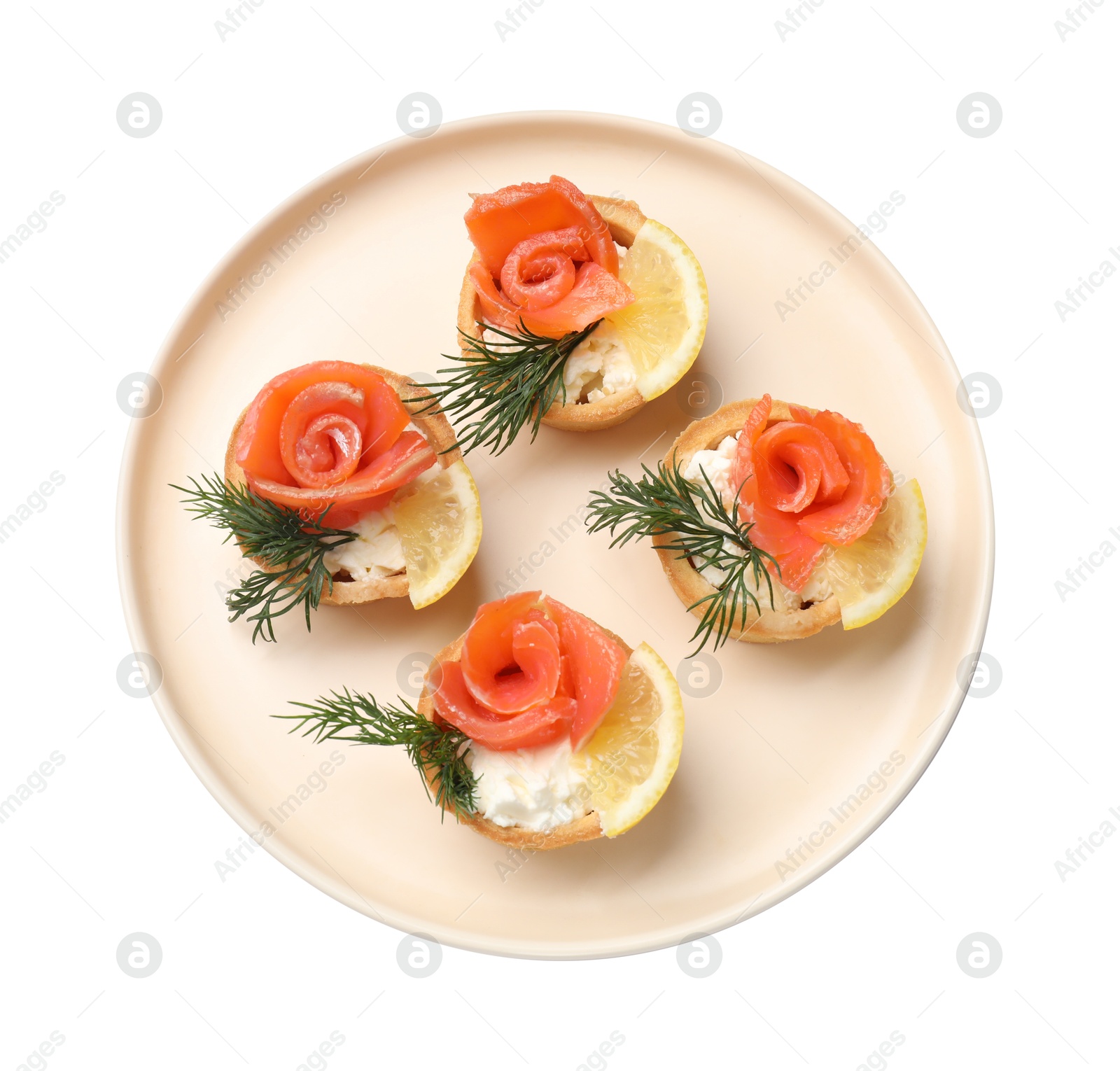 Photo of Tasty tartlets with delicious filling isolated on white, top view