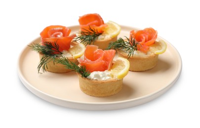 Photo of Tasty tartlets with delicious filling isolated on white