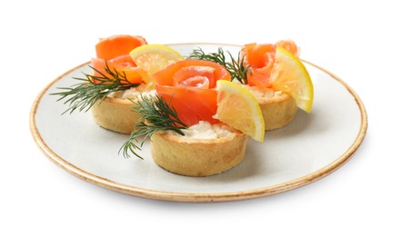 Photo of Tasty tartlets with delicious filling isolated on white