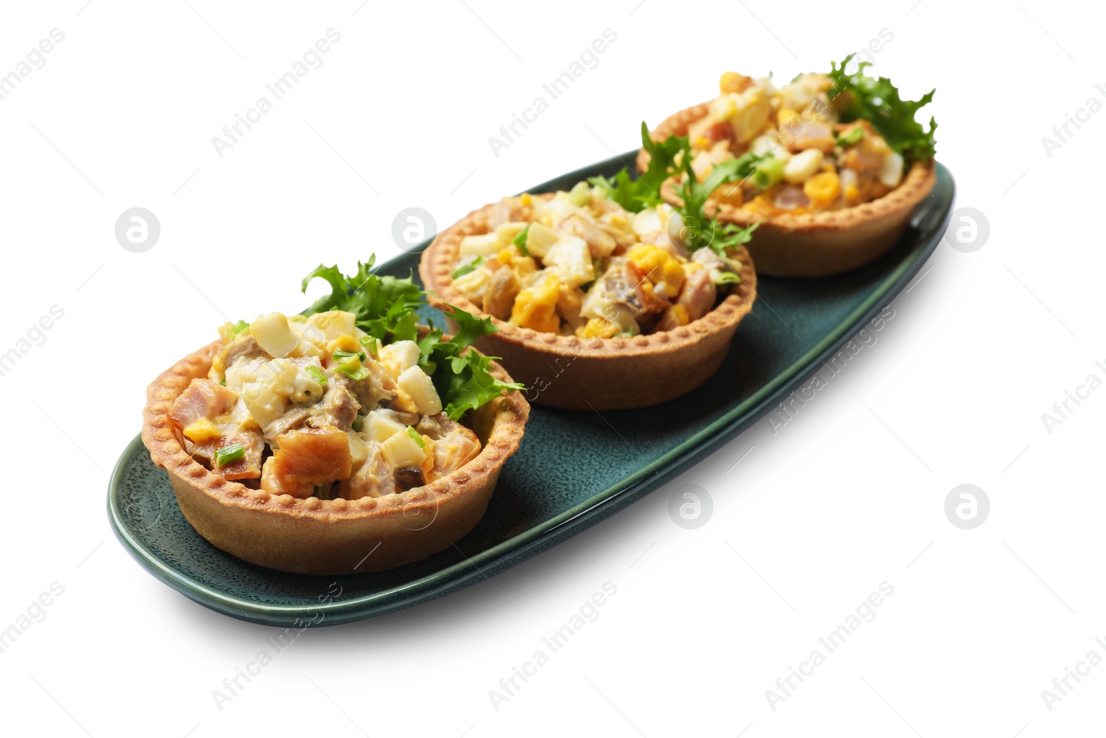 Photo of Tartlets with delicious filling isolated on white