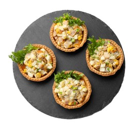 Photo of Tartlets with delicious filling isolated on white, top view