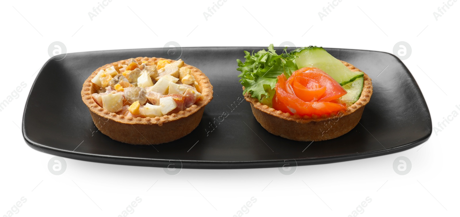 Photo of Tartlets with delicious fillings isolated on white