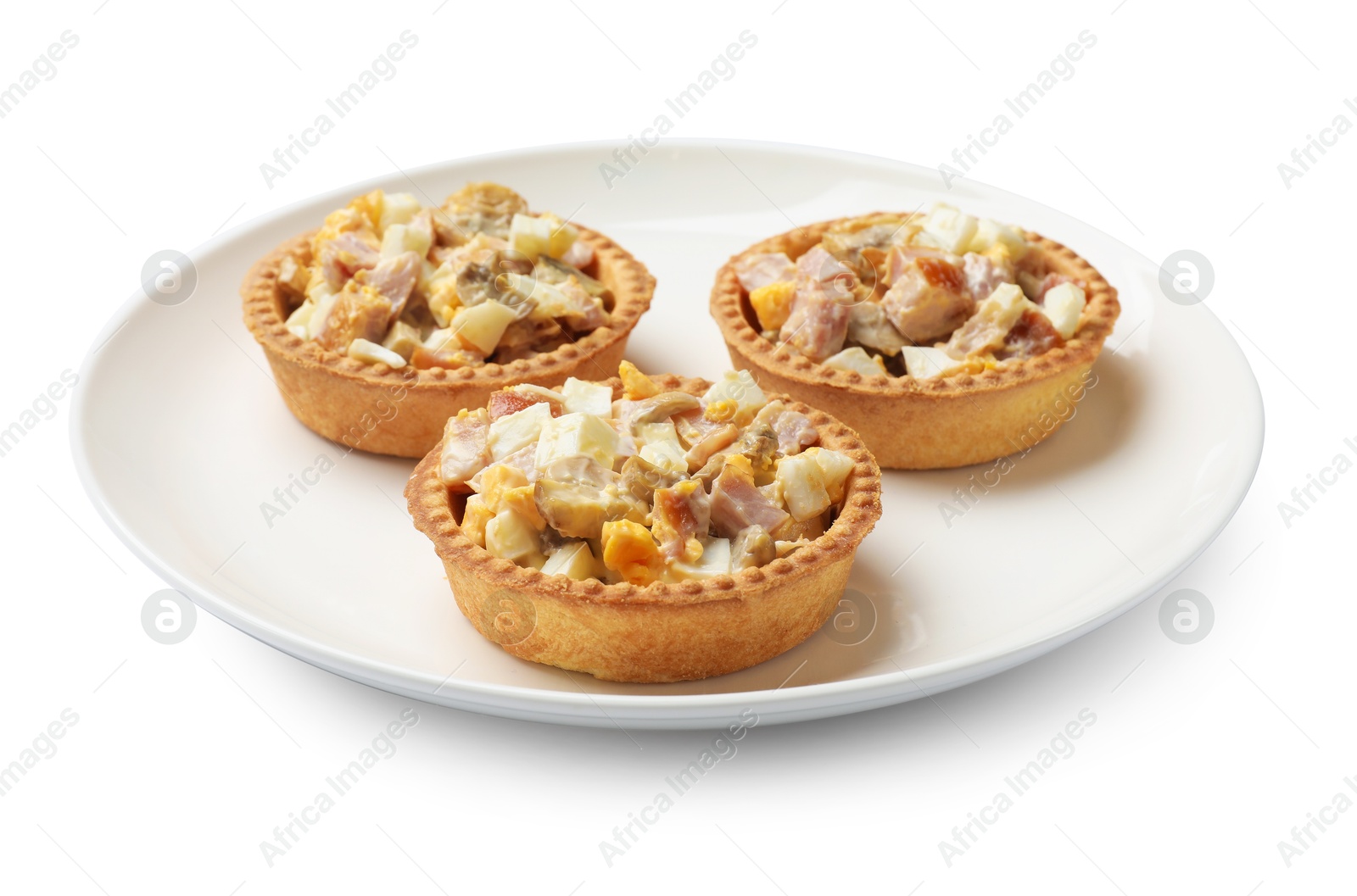 Photo of Tartlets with delicious filling isolated on white