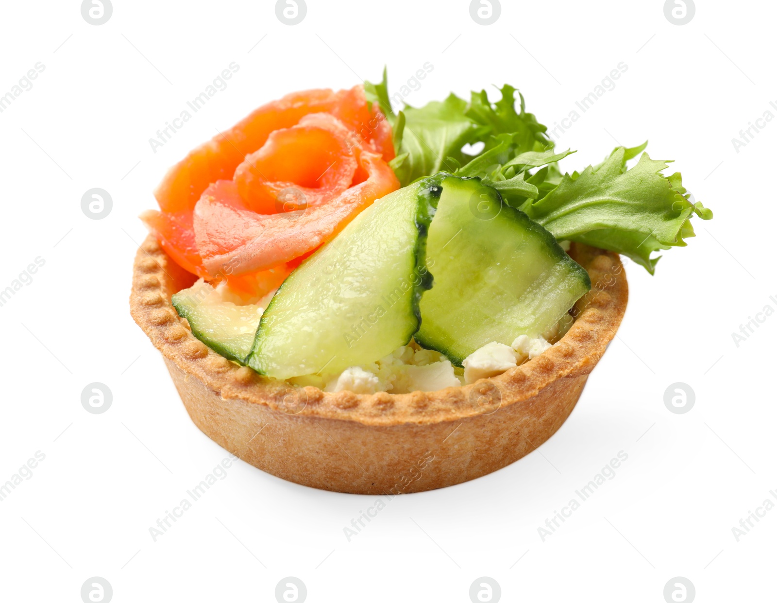 Photo of Delicious tartlet with salmon and cucumber isolated on white