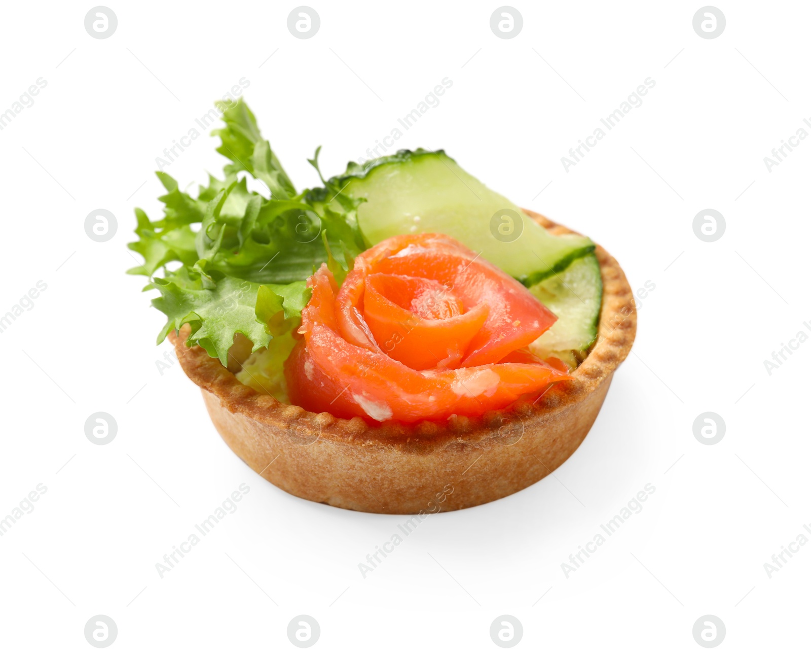 Photo of Delicious tartlet with salmon and cucumber isolated on white