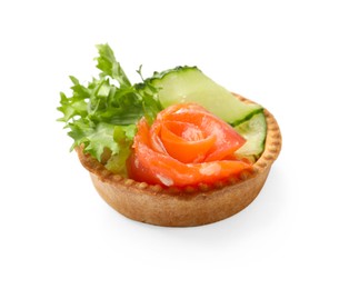 Photo of Delicious tartlet with salmon and cucumber isolated on white