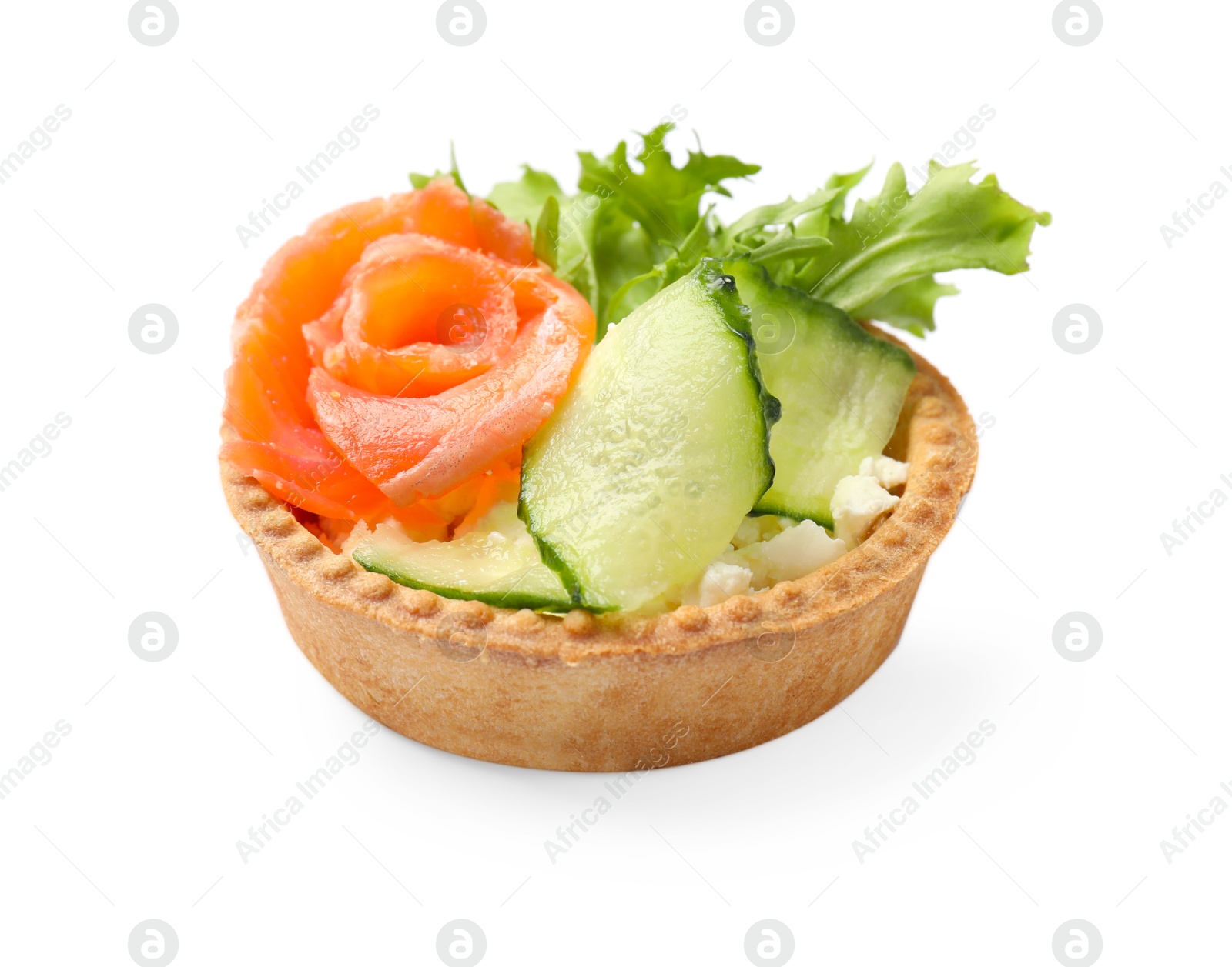 Photo of Delicious tartlet with salmon and cucumber isolated on white