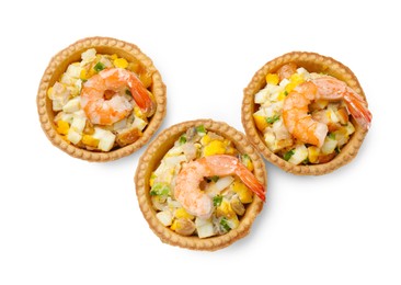 Photo of Tartlets with delicious filling isolated on white, top view