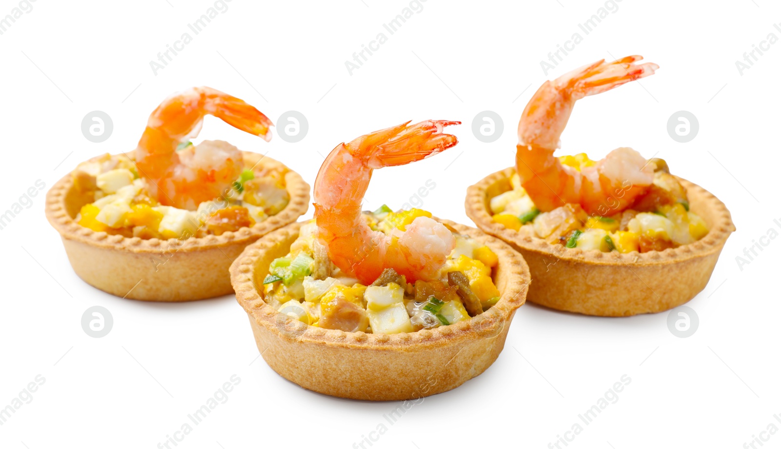 Photo of Tartlets with delicious filling isolated on white