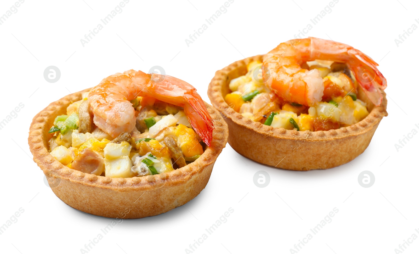 Photo of Tartlets with delicious filling isolated on white