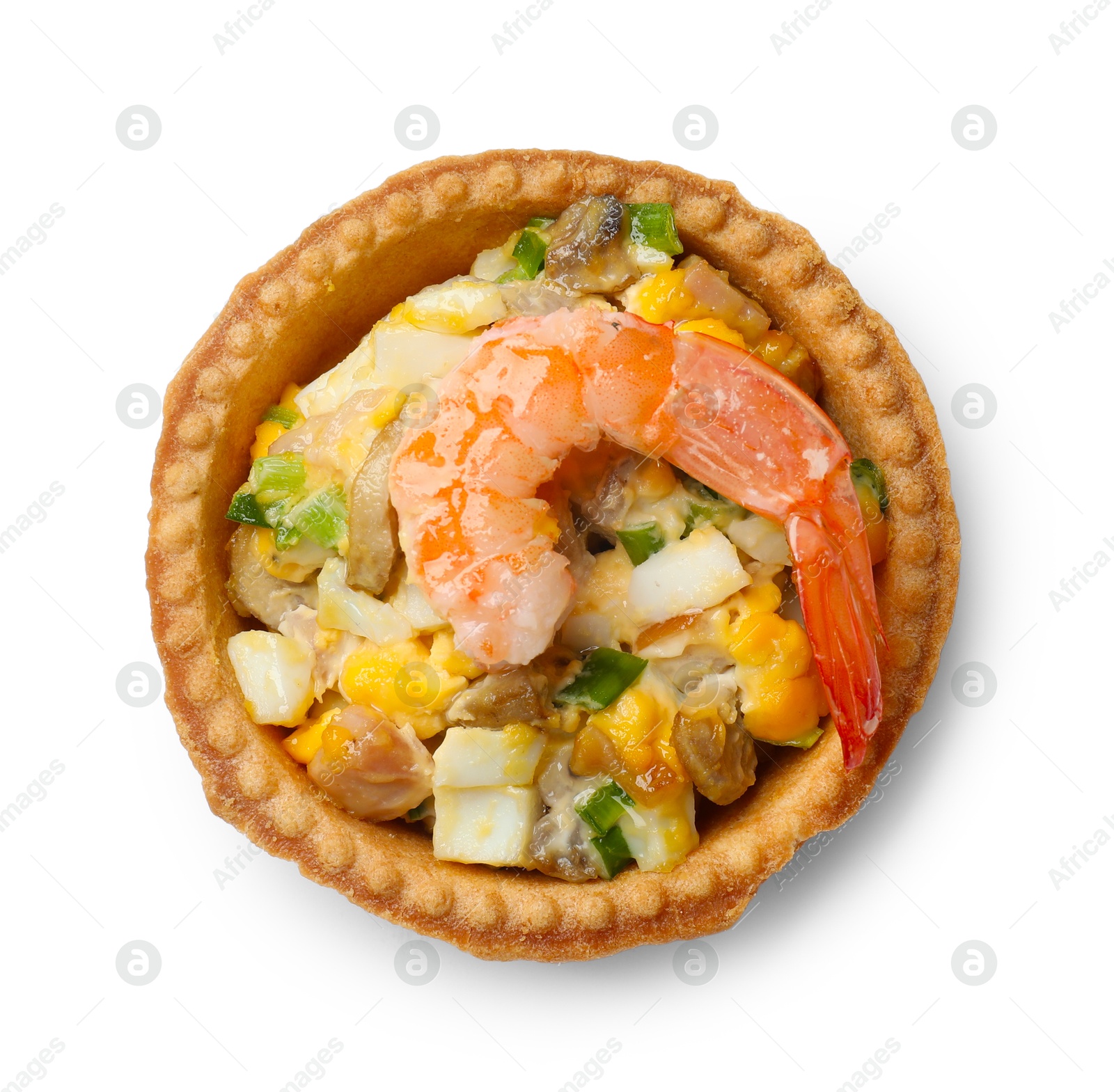 Photo of Tartlet with delicious filling isolated on white, top view