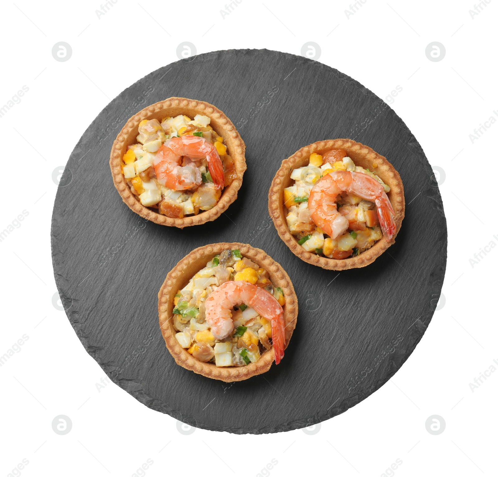 Photo of Tartlets with delicious filling isolated on white, top view