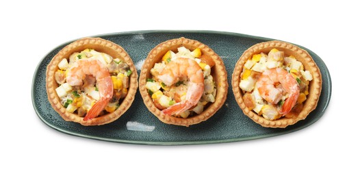 Photo of Tartlets with delicious filling isolated on white, top view