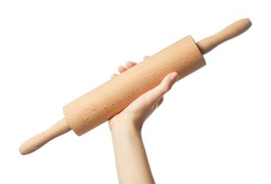 Photo of Woman with rolling pin on white background, closeup