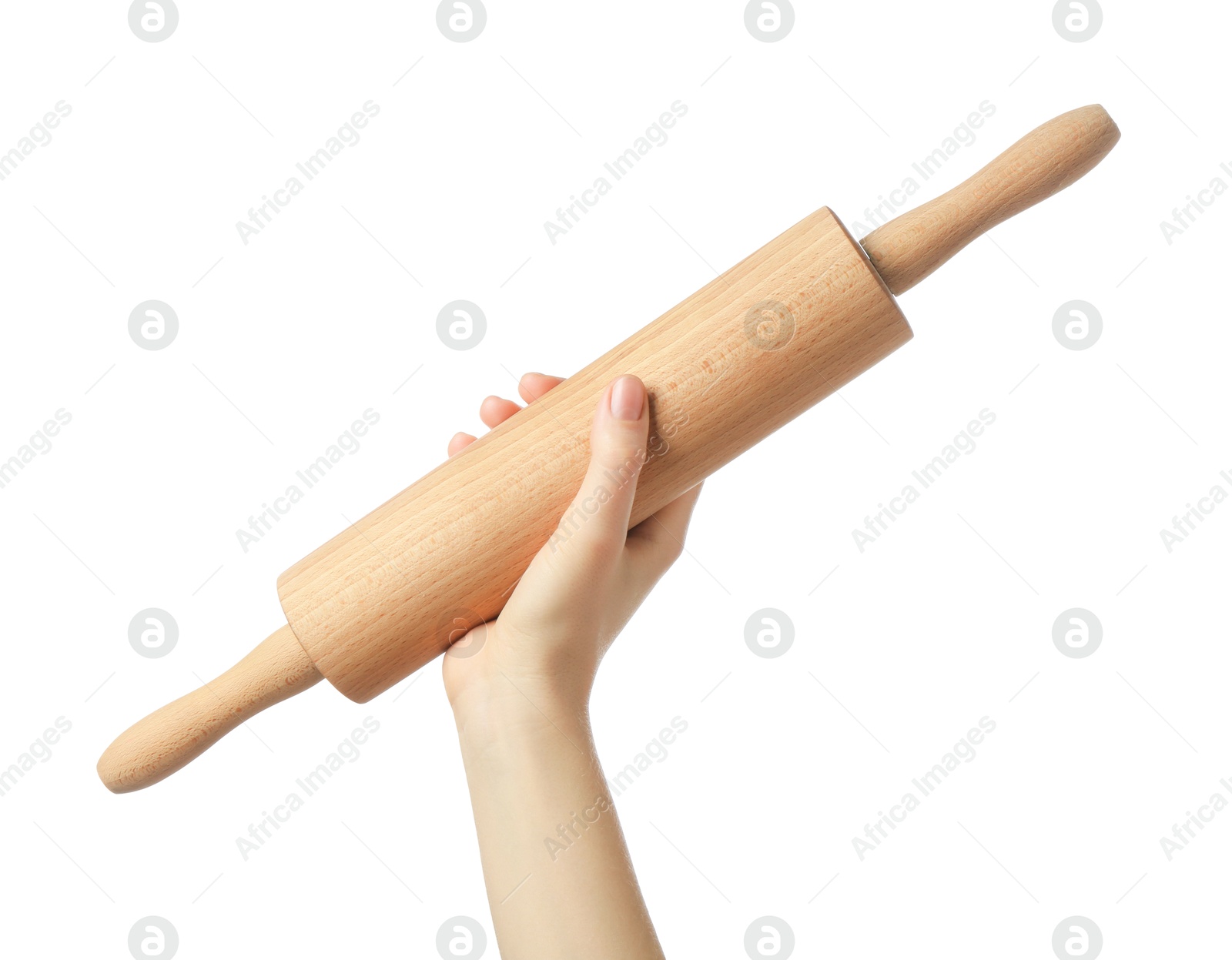 Photo of Woman with rolling pin on white background, closeup