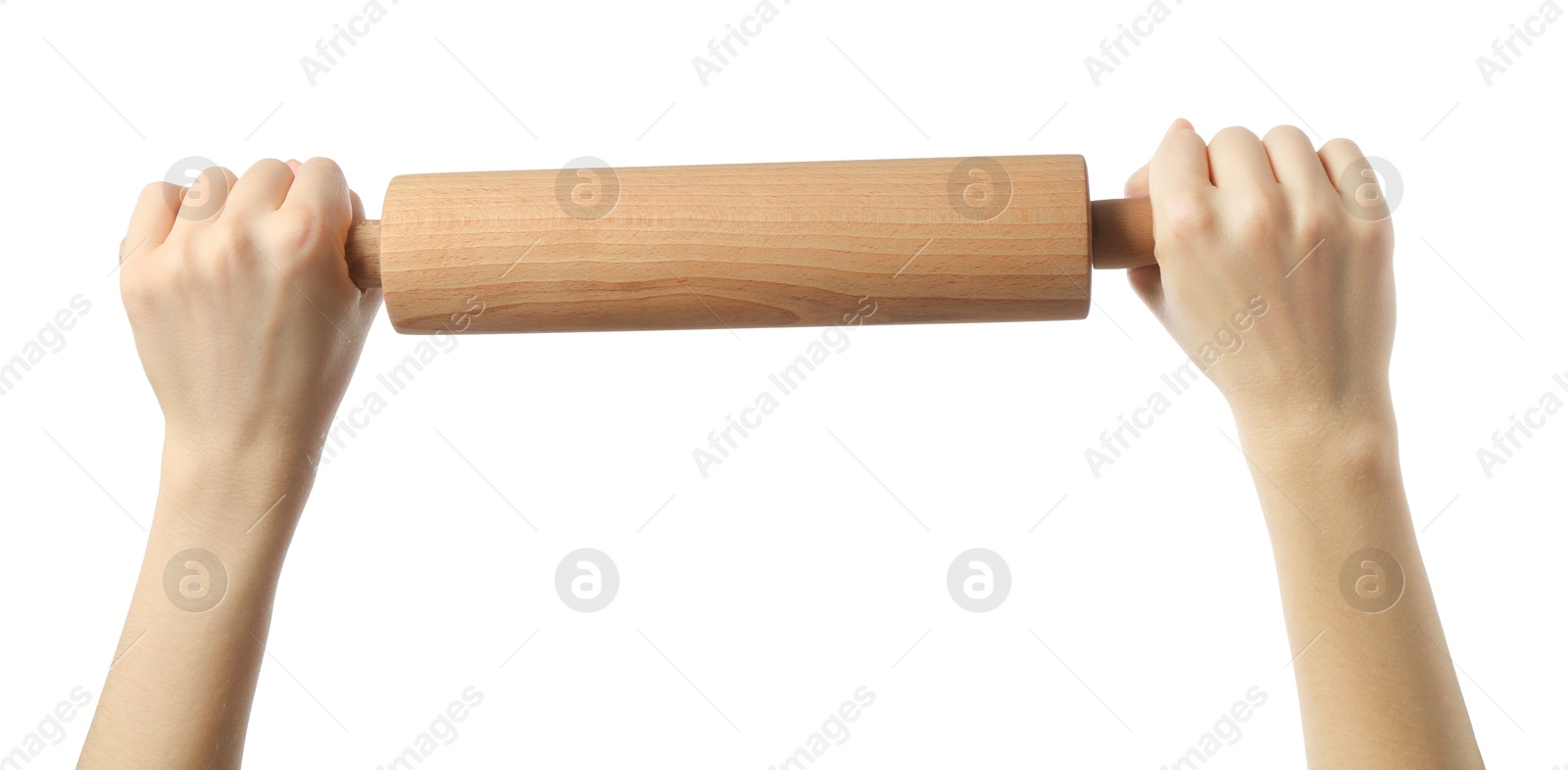 Photo of Woman with rolling pin on white background, closeup