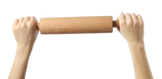 Photo of Woman with rolling pin on white background, closeup