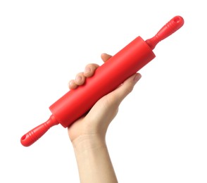 Photo of Woman with rolling pin on white background, closeup