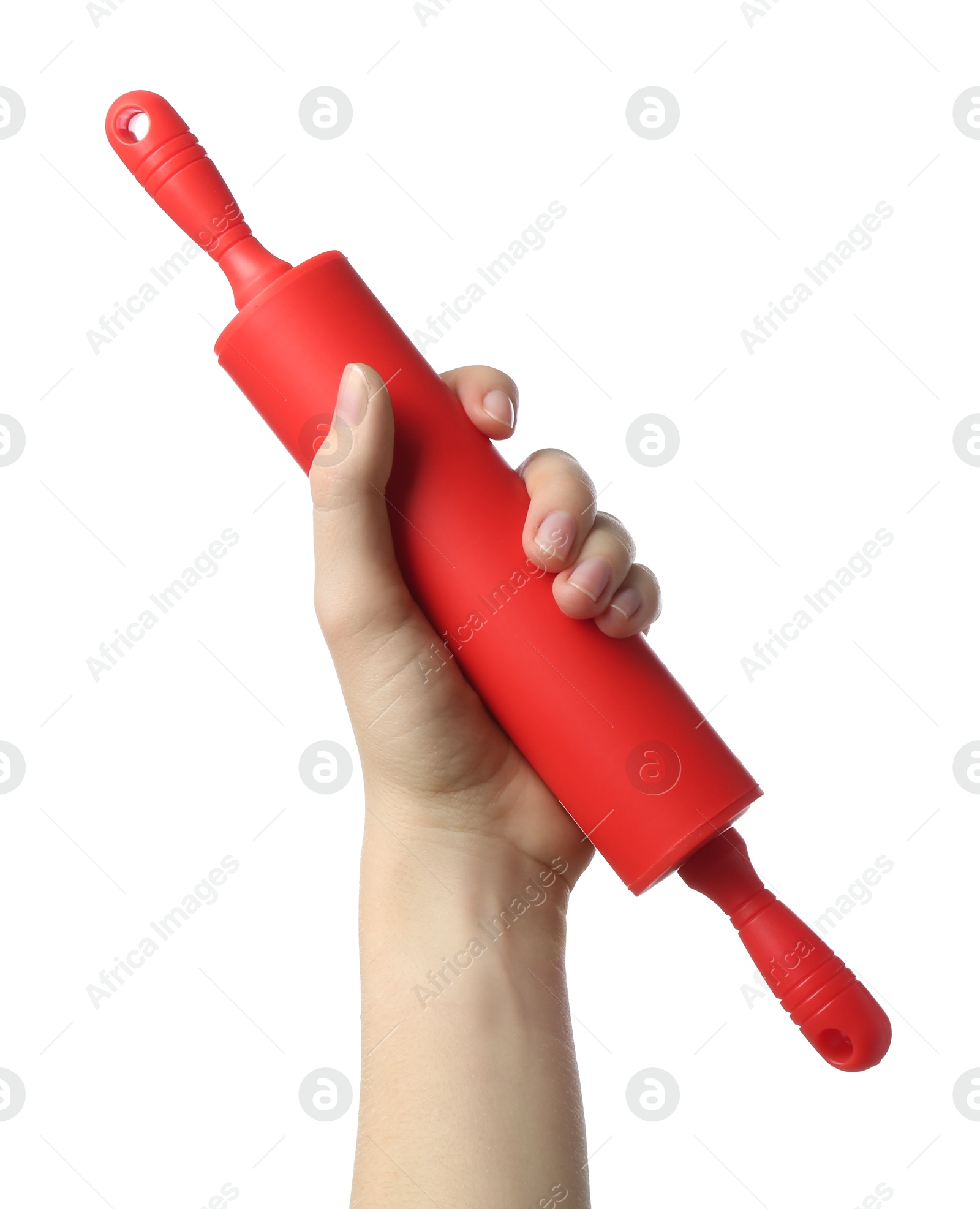 Photo of Woman with rolling pin on white background, closeup