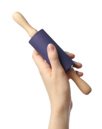 Photo of Woman with rolling pin on white background, closeup