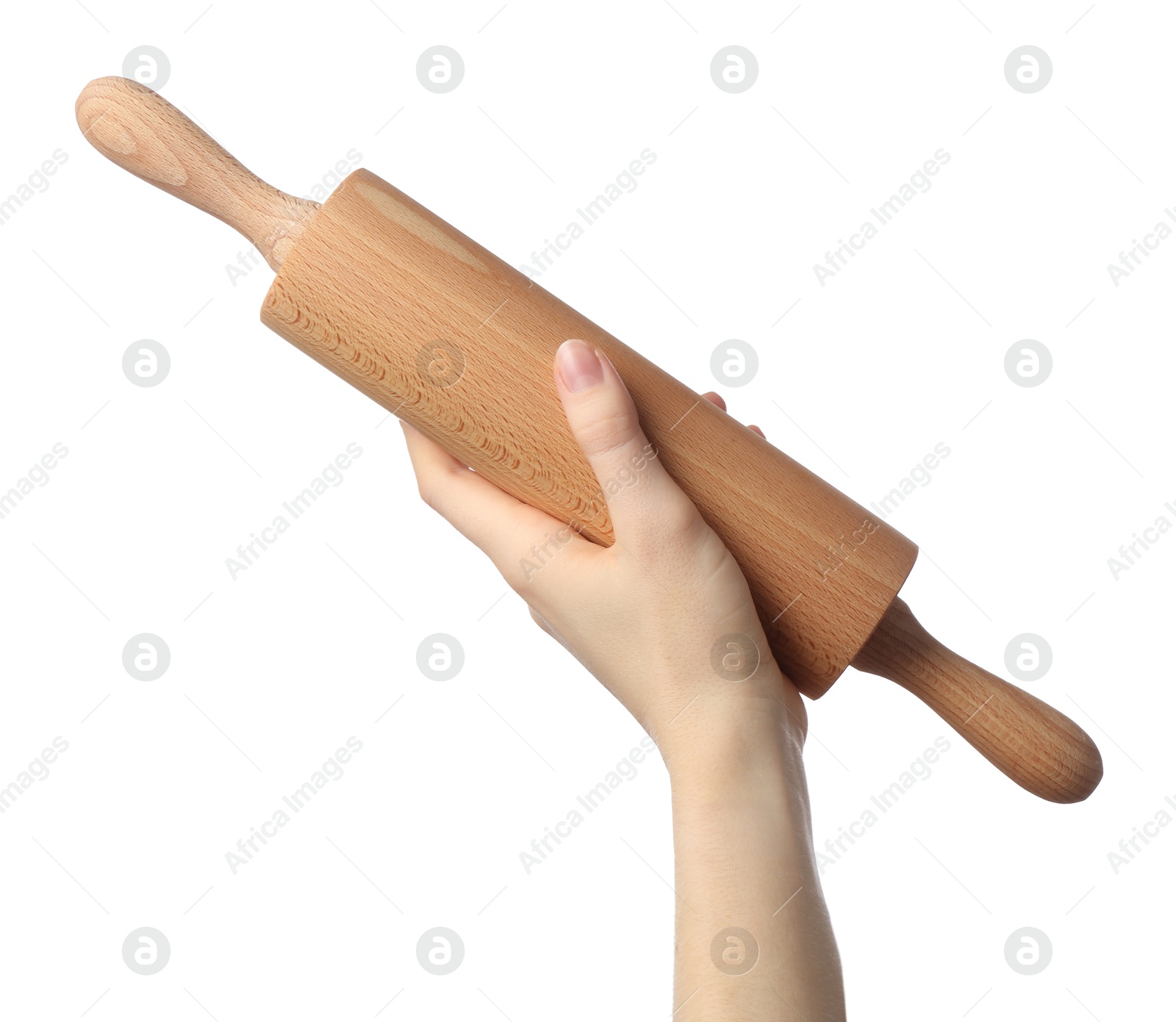 Photo of Woman with rolling pin on white background, closeup