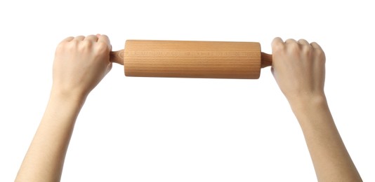 Photo of Woman with rolling pin on white background, closeup