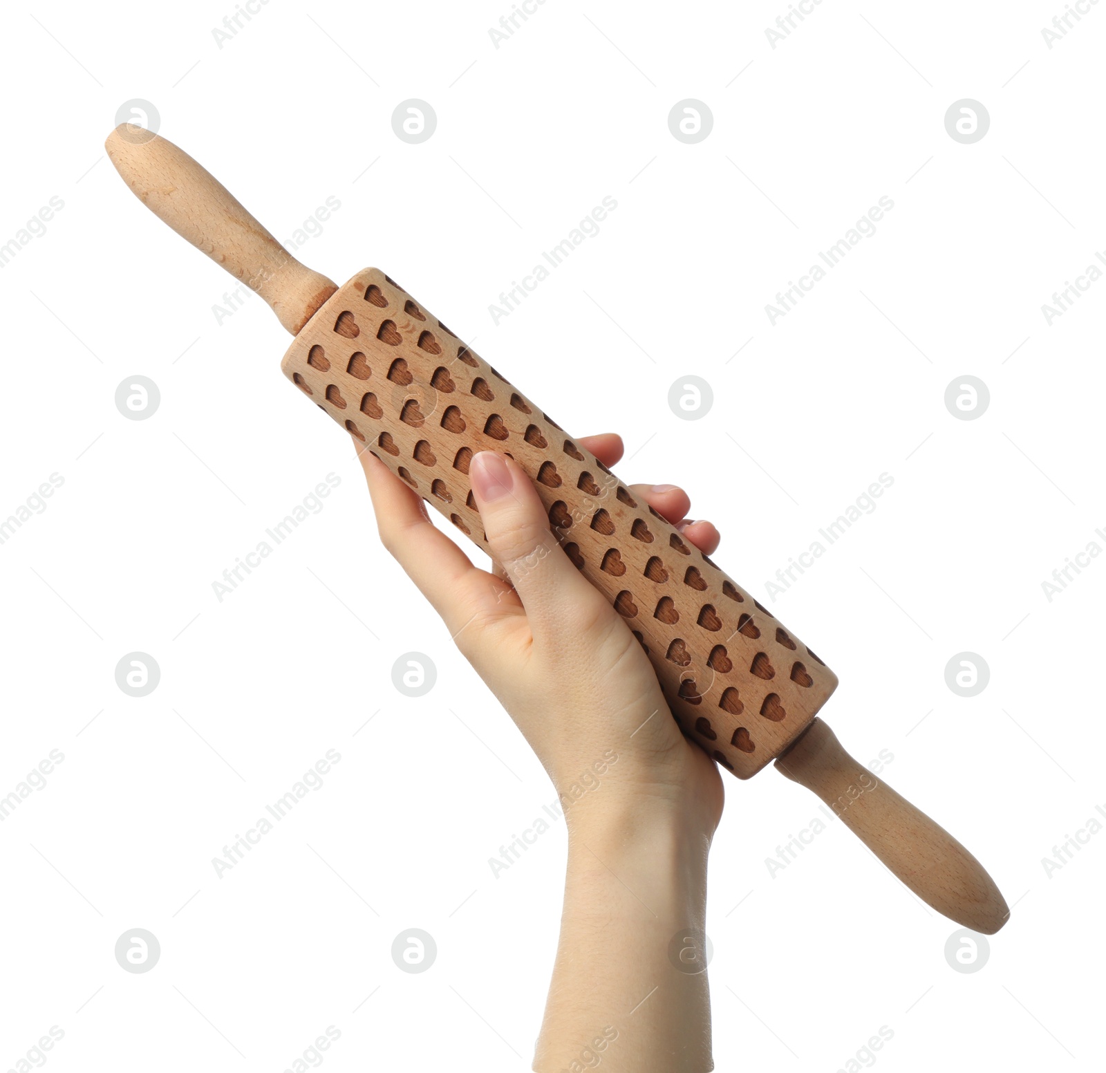 Photo of Woman with rolling pin on white background, closeup