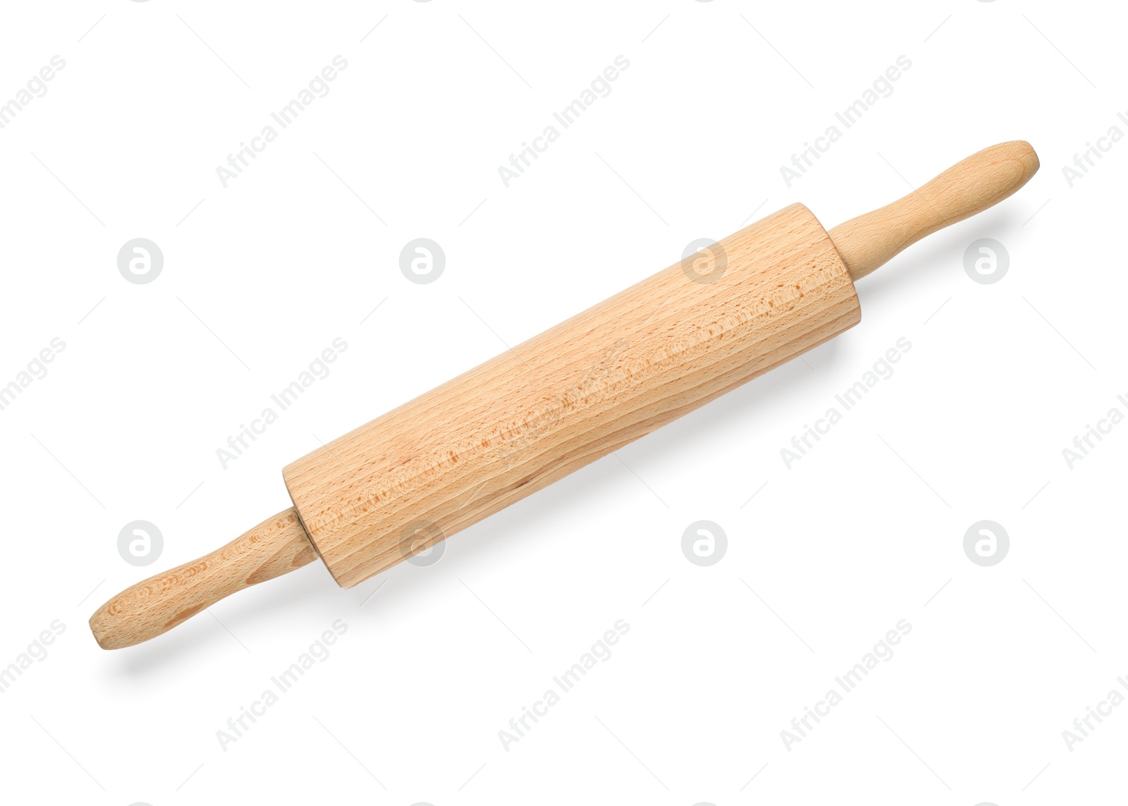 Photo of Wooden rolling pin isolated on white, top view